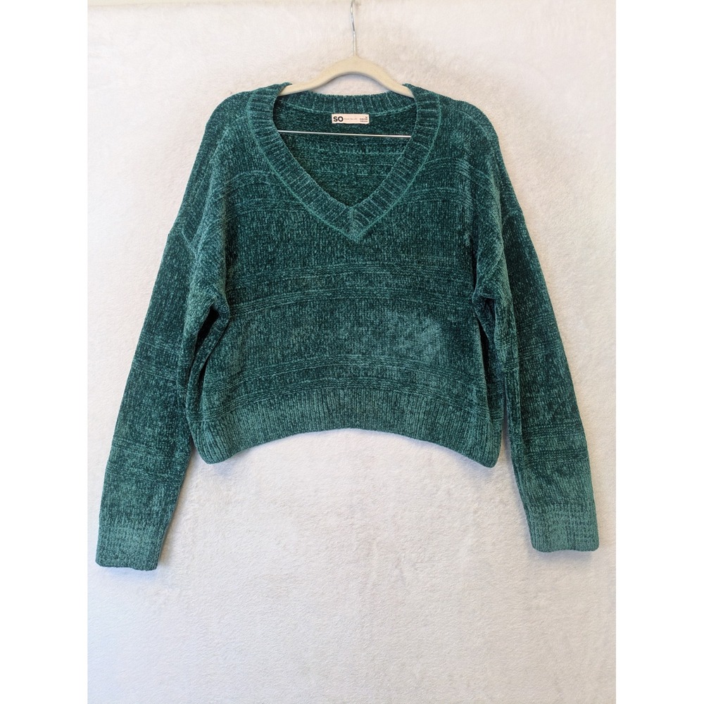 SO Chenille Sweater Women's Medium Teal Green V-Neck Cropped Relaxed Fit